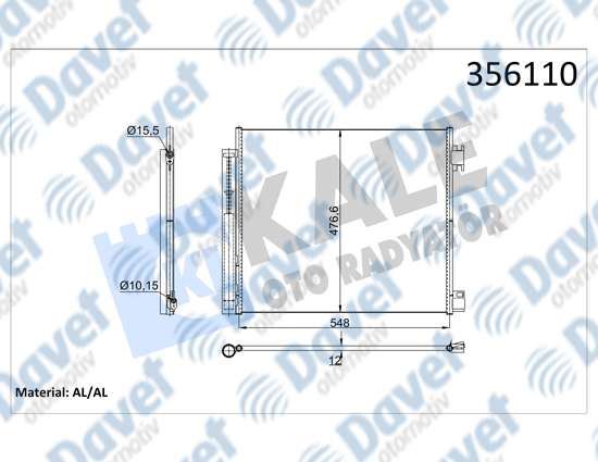 KALE 356110 Klima Radyatoru Renault Kadjar Koleos Espace 15> - Nissan Qashqai X-Trail 13> 1.2 1.5/1.6dci (12v) Kurutucu Ile (Brazing) (536x476.6x12)